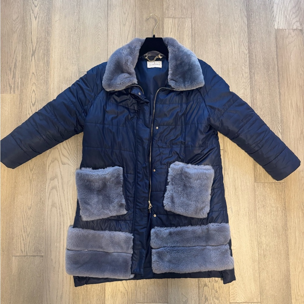 Suprema Long Blue Puffer Coat with Rabbit Fur